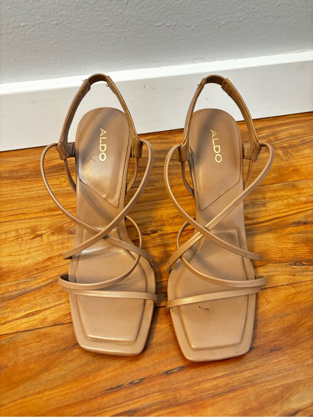 ALDO Tan Strappy Square-Toe Slingback Heels